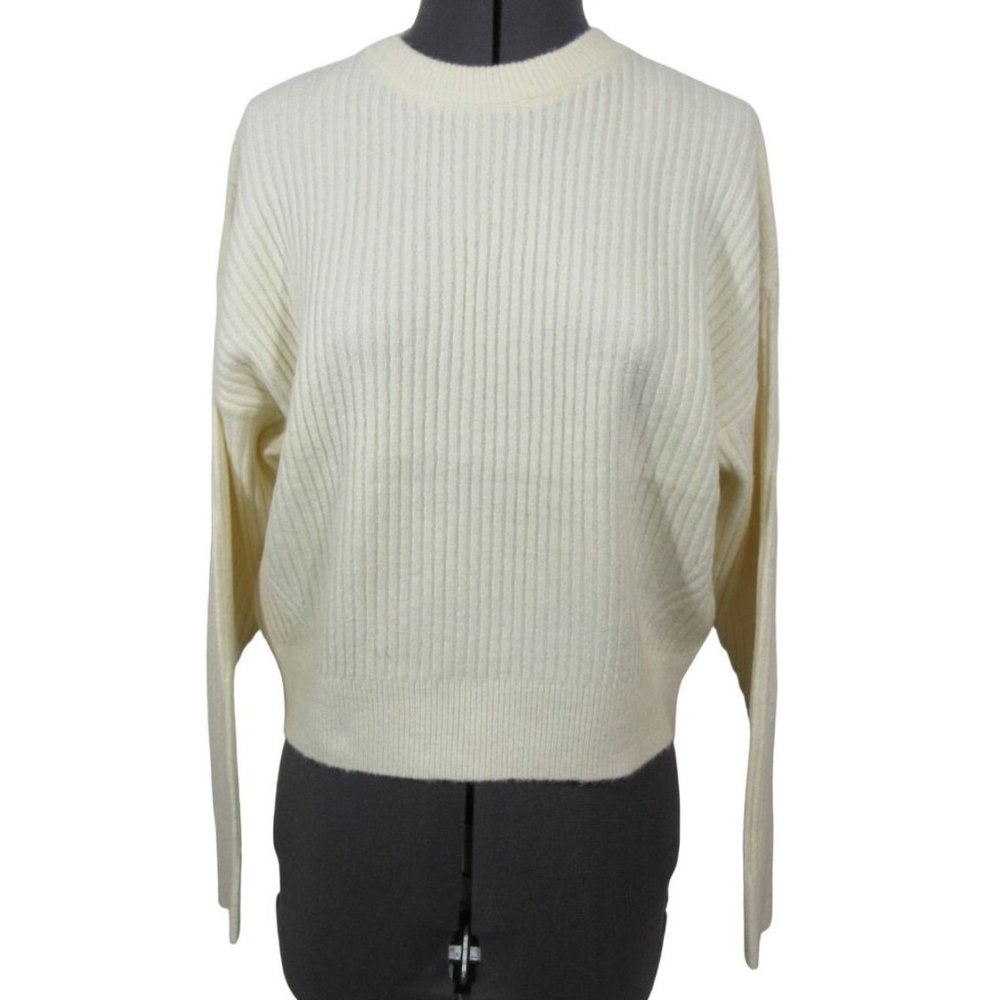 Elodie women's cream crew neck‎ rib knit long sleeve sweater S